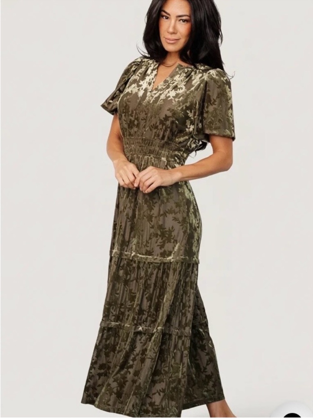 BalticBorn Bronwyn Olive Green Velvet Burnout Maxi Dress Small